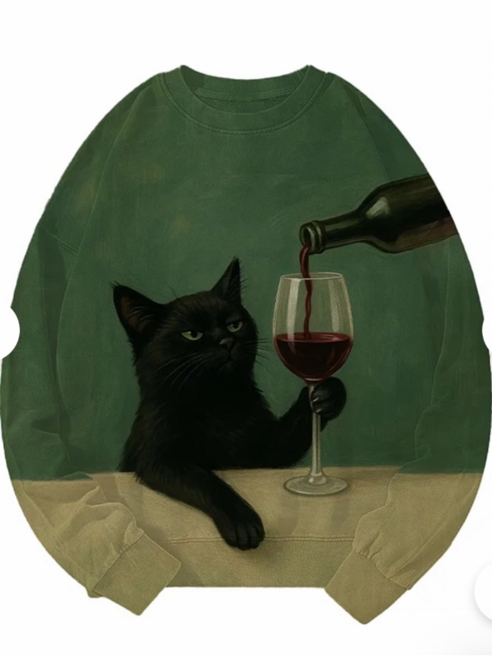 Cat Sweatshirt in Green - Black Cat with Wine Graphic